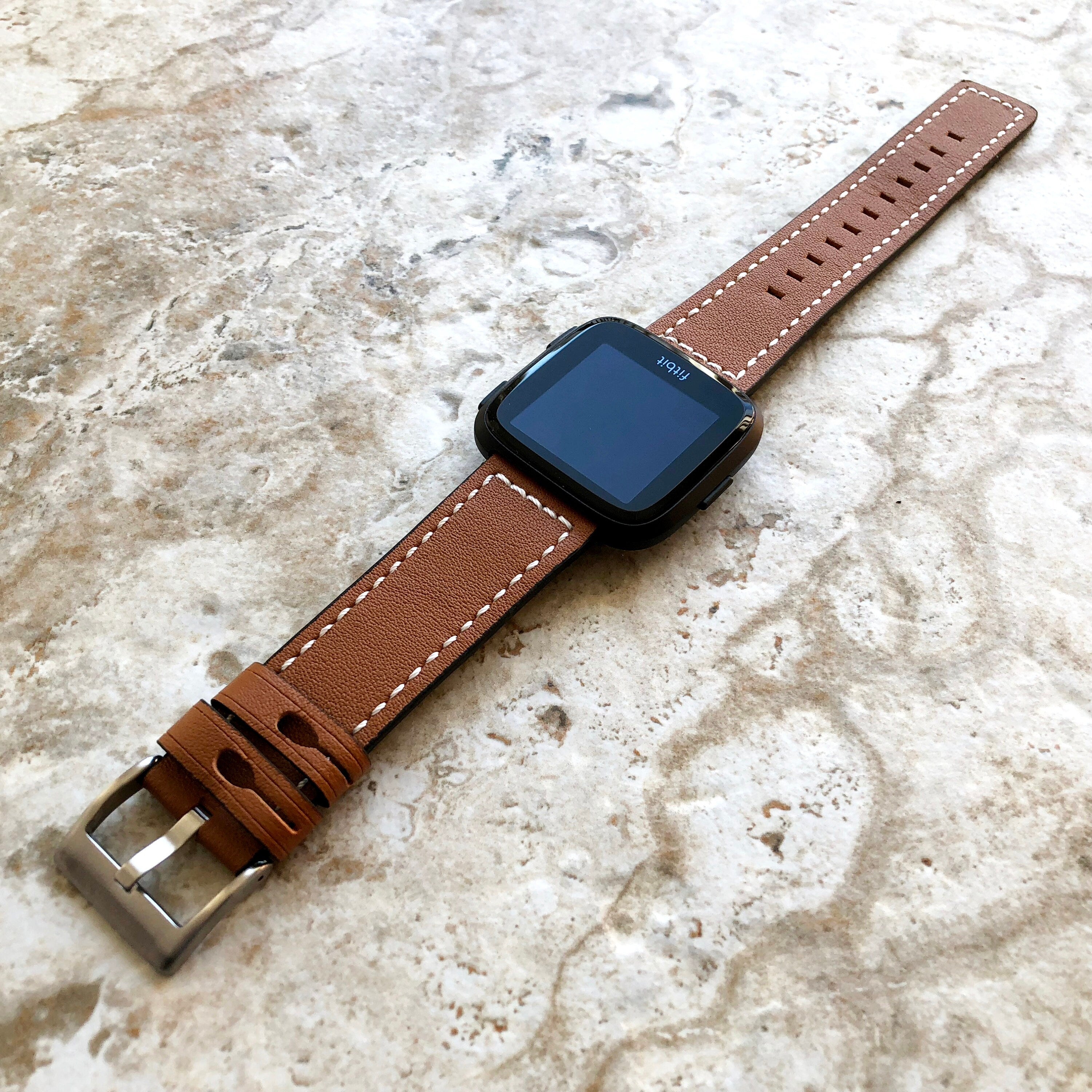 Bands for Fitbit Versa 2 3 4 Sense 2 Brown Leather White Stitches Modern Strap Quick Release Pins Adapters Silver Rose Gold Black Buckles